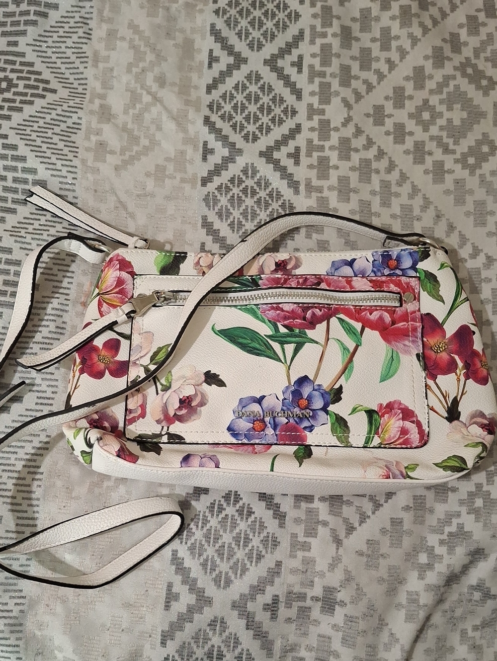 Dana Buchman White Floral Crossbody Bag with Pink, Purple & Green Accents
